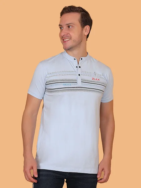 ZULX Printed Men Henley Neck Light Blue T-Shirt - Design 2