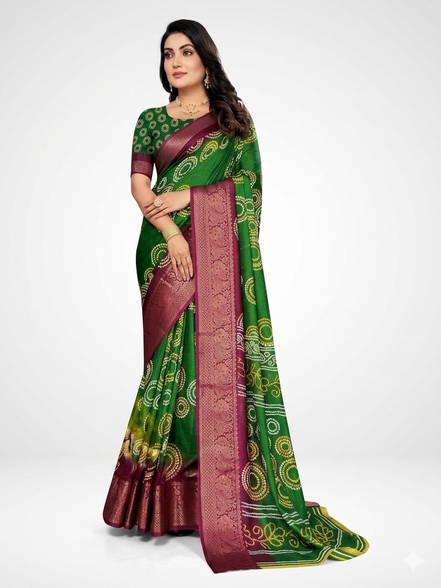 Traditional white and yellow circular Bandhej motifs saree