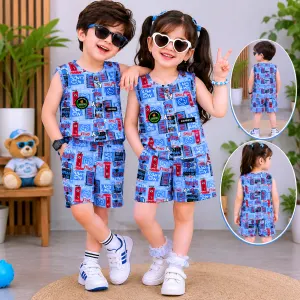 Stylish Kids Blue Printed Sleeveless Top & Shorts Set for Boys & Girls