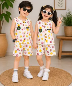 Kids Citrus Print Sleeveless Co-ord Set – Soft Summer Night Suit for Boys & Girls