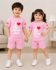 Kids Pink "I Love My Mom Dad" Cotton T-Shirt & Shorts Set