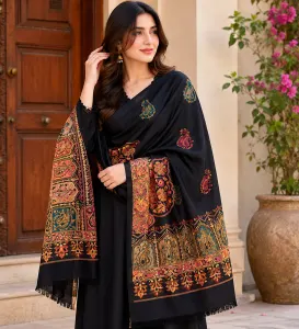 Elegant Black Kashmiri Embroidered Shawl for Women