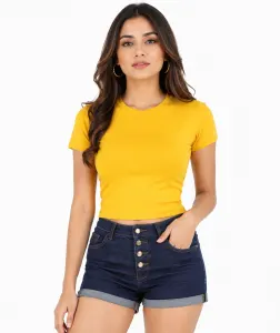 Yellow Half Sleeve Streachable Cotton Lycra T-shirt For Women