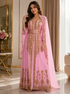 Luxury Pink Moroccan Style Embroidere Naqab Dress for Women
