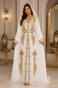 Women's Luxury White & Gold Embroidered Naqab Dress with Matching Hijab