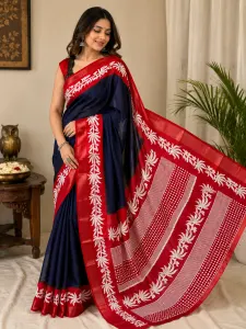 Women's Navy Blue Saree with Red Floral Border and Designer Pallu