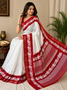 Women's White Saree with Red Floral Border and Designer Pallu