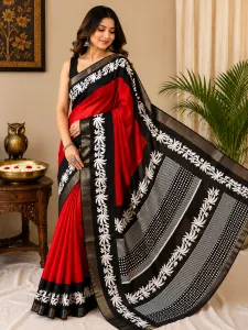 Women's Red and Black Silk Blend Saree with Floral Border