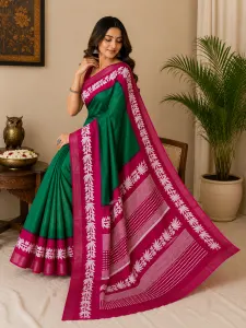 Women's Emerald Green Saree with Pink Floral Border and Designer Pallu