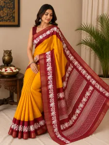 Women's Mustard Yellow Saree with Maroon Floral Border and Designer Pallu