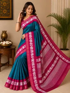 Women's Teal Blue Saree with Pink Floral Border and Designer Pallu