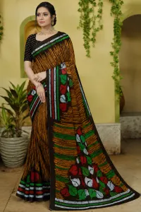 Women's Brown Silk Saree with Multicolor Leaf Print Border