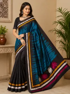 Women's Black and Blue Silk Saree with Designer Printed Pallu