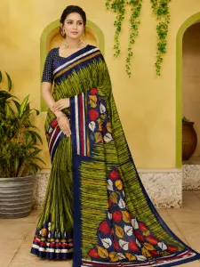 Women's Navy Blue & Olive Green Silk Saree with Multicolor Leaf Print