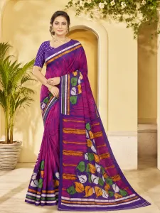 Women's Purple Printed Silk Saree with Multicolor Leaf Design & Contrast Border