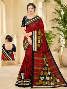 Raja Rani Red Black Abstract Printed Saree with Floral Leaf Design