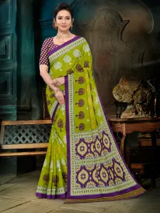 Elegant Green Printed Silk Saree with Purple Border for Women