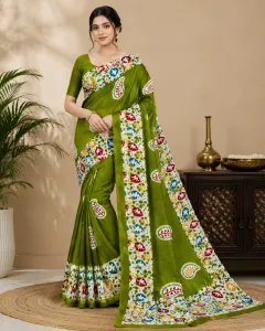Elegant Olive Green Silk Saree with Multicolor Printed Border for Women