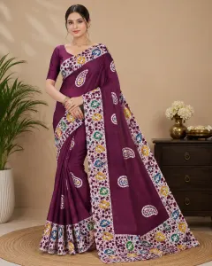 Elegant Purple Silk Saree with Multicolor Printed Border for Women