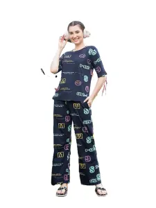 Women's Stylish Navy Blue Graphic Print Nightwear Set