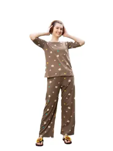 Women's Cute Brown Polka Dot Printed Nightwear Set