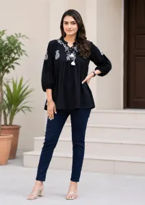 Women's Black Embroidered Cotton Peplum Kurti Top with 3/4 Sleeves