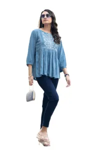Women's Sky Blue Embroidered Cotton Peplum Kurti Top with 3/4 Sleeves