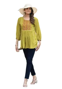 Women's Olive Green Embroidered Cotton Peplum Kurti Top with 3/4 Sleeves