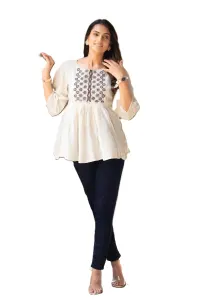 Women's White Embroidered Cotton Peplum Kurti Top with 3/4 Sleeves