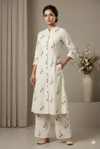 Women's Blue Botanical Print Straight Kurta with Palazzo Pants