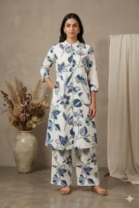 Women's White Floral Printed Cotton Kurta with Matching Palazzo Pants