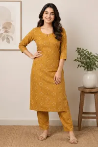 Women's Mustard Yellow Cotton Printed Kurta Pant Set